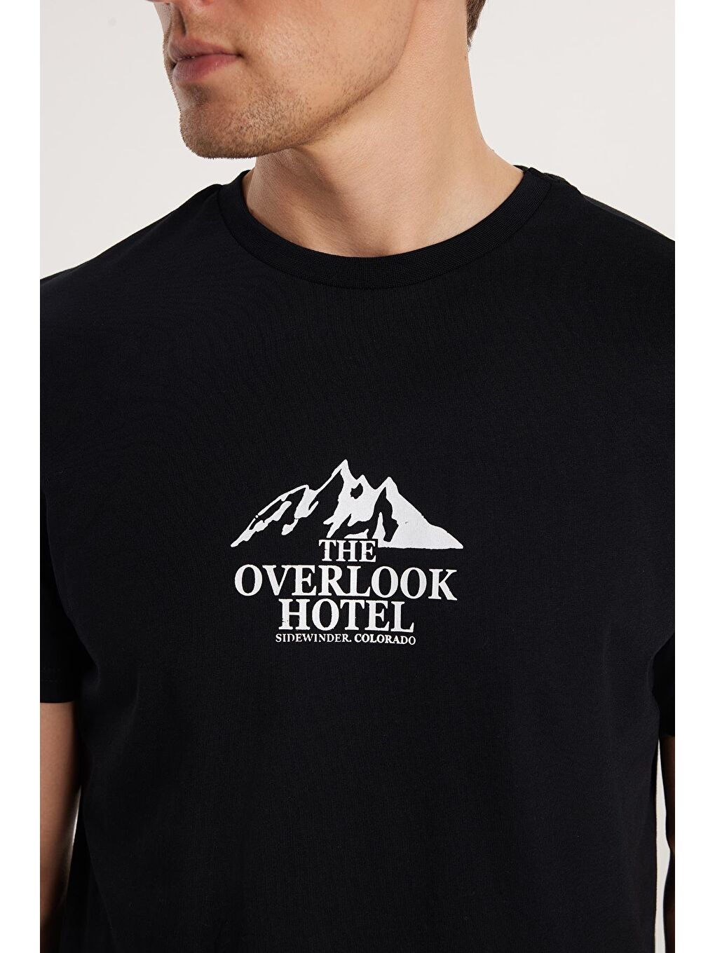 Erkek Slim Fit Dar Kesim %100 Pamuk Yumuşak Dokulu Baskılı Siyah Bisiklet Yaka Tişört-2