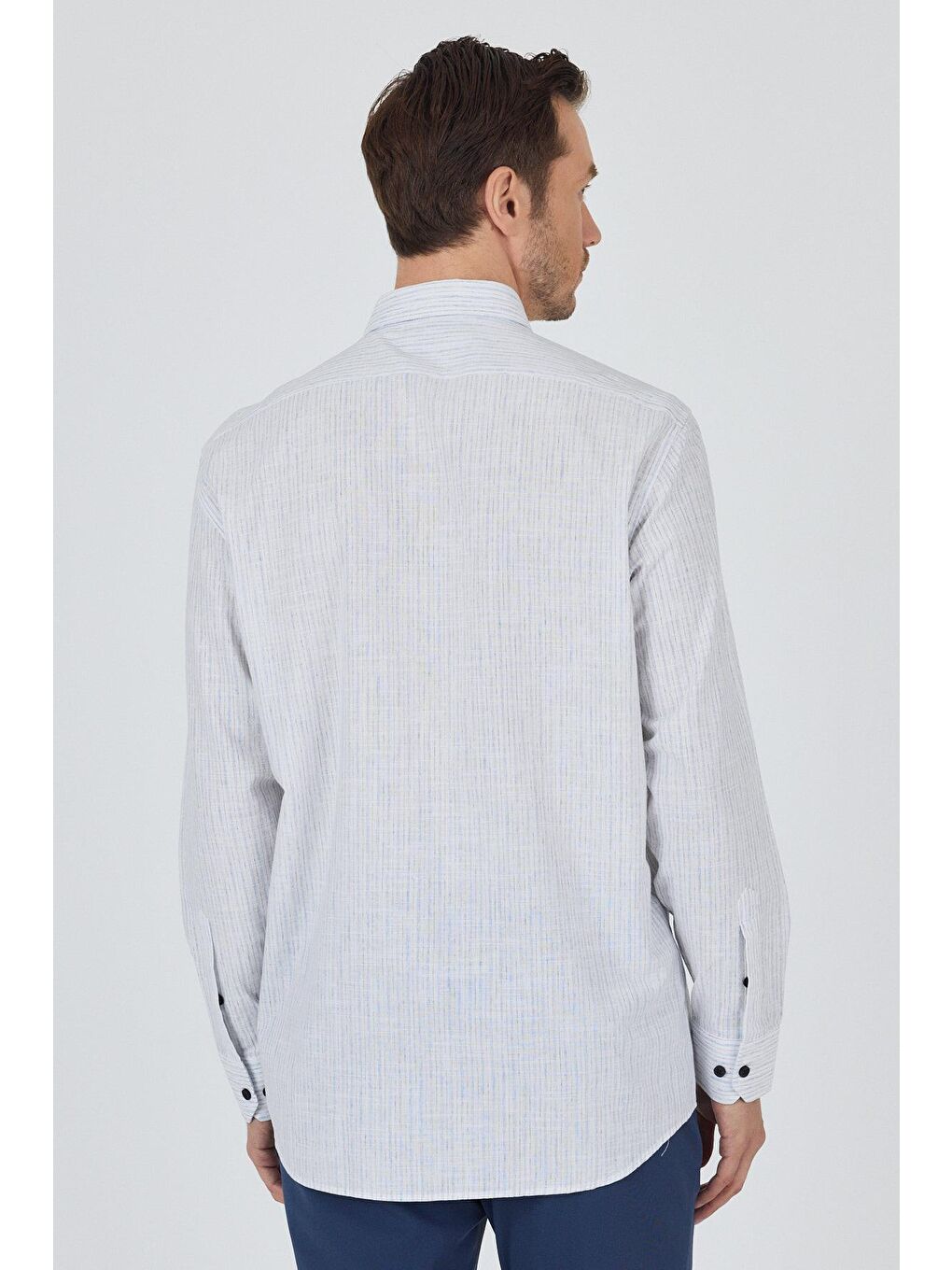 Mavi Uzun Kol Çizgili Desen Bez Ayağı Düğmeli Yaka Cepli Pamuklu Casual Comfort Fit Gömlek 1004250100-4