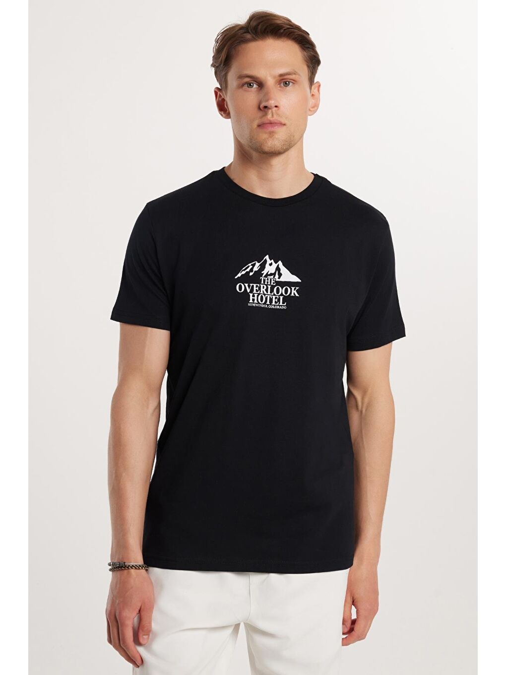 Erkek Slim Fit Dar Kesim %100 Pamuk Yumuşak Dokulu Baskılı Siyah Bisiklet Yaka Tişört-3