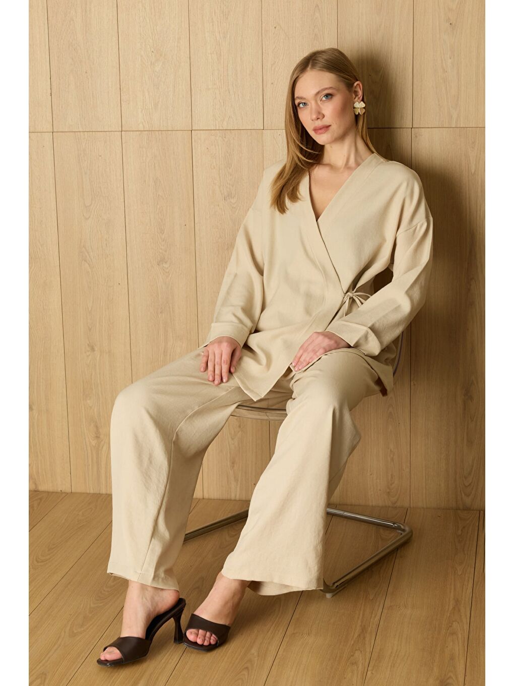 Bej Fullamodest Yandan Bağlamalı Kimono 2 Li Takım