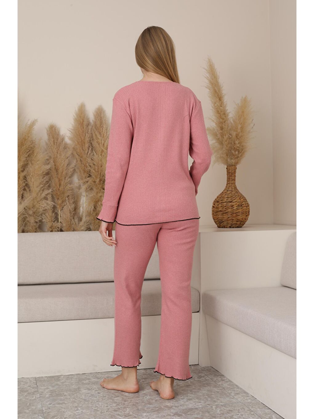 Pembe Gül Kurusu Hamile ve Lohusa Uzun Kollu Yumoş Kumaş Fiyonklu Bel Ayarlı Pijama Takımı-3