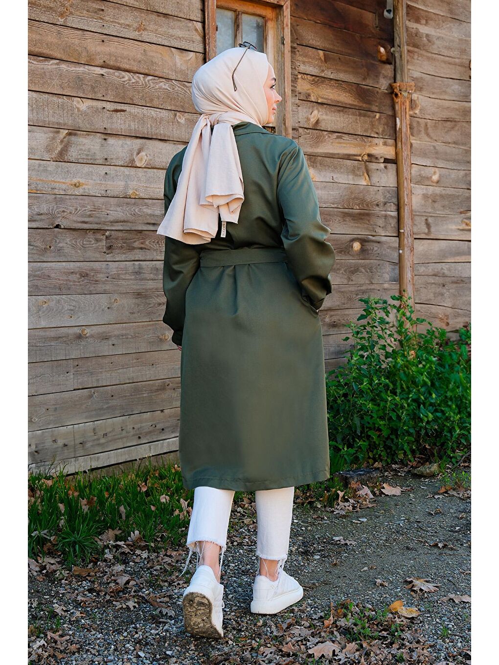 Bel Bağlamalı Trenç Haki Yeşil-4