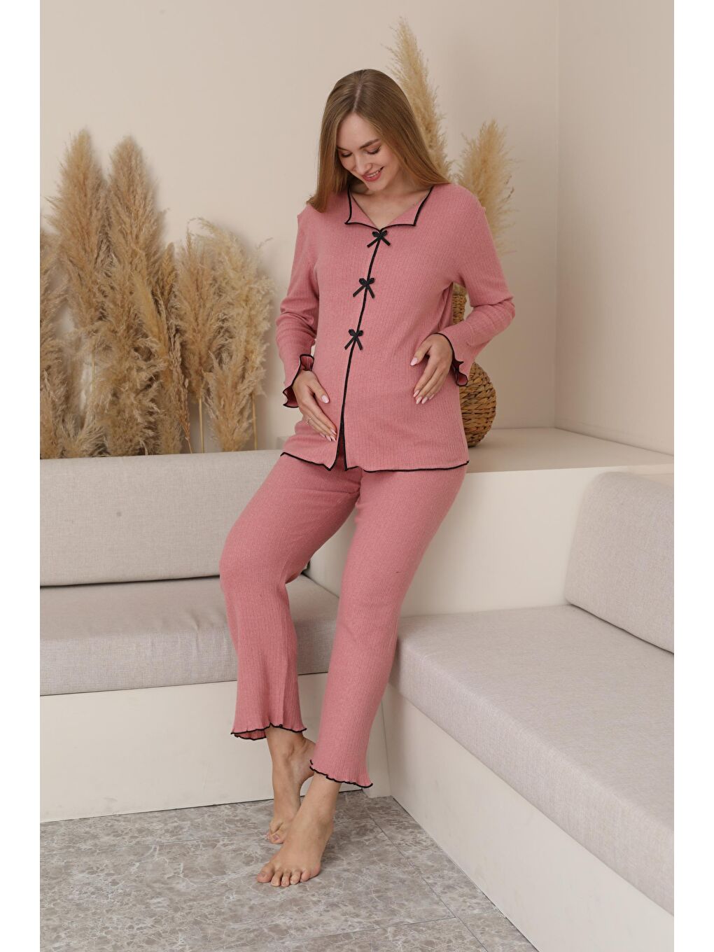 Pembe Gül Kurusu Hamile ve Lohusa Uzun Kollu Yumoş Kumaş Fiyonklu Bel Ayarlı Pijama Takımı-4