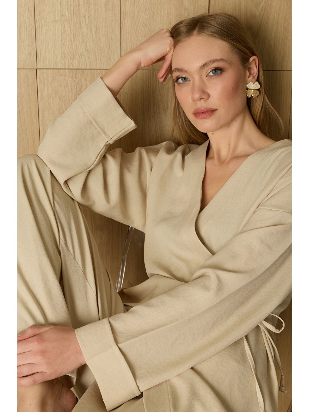 Bej Fullamodest Yandan Bağlamalı Kimono 2 Li Takım-1