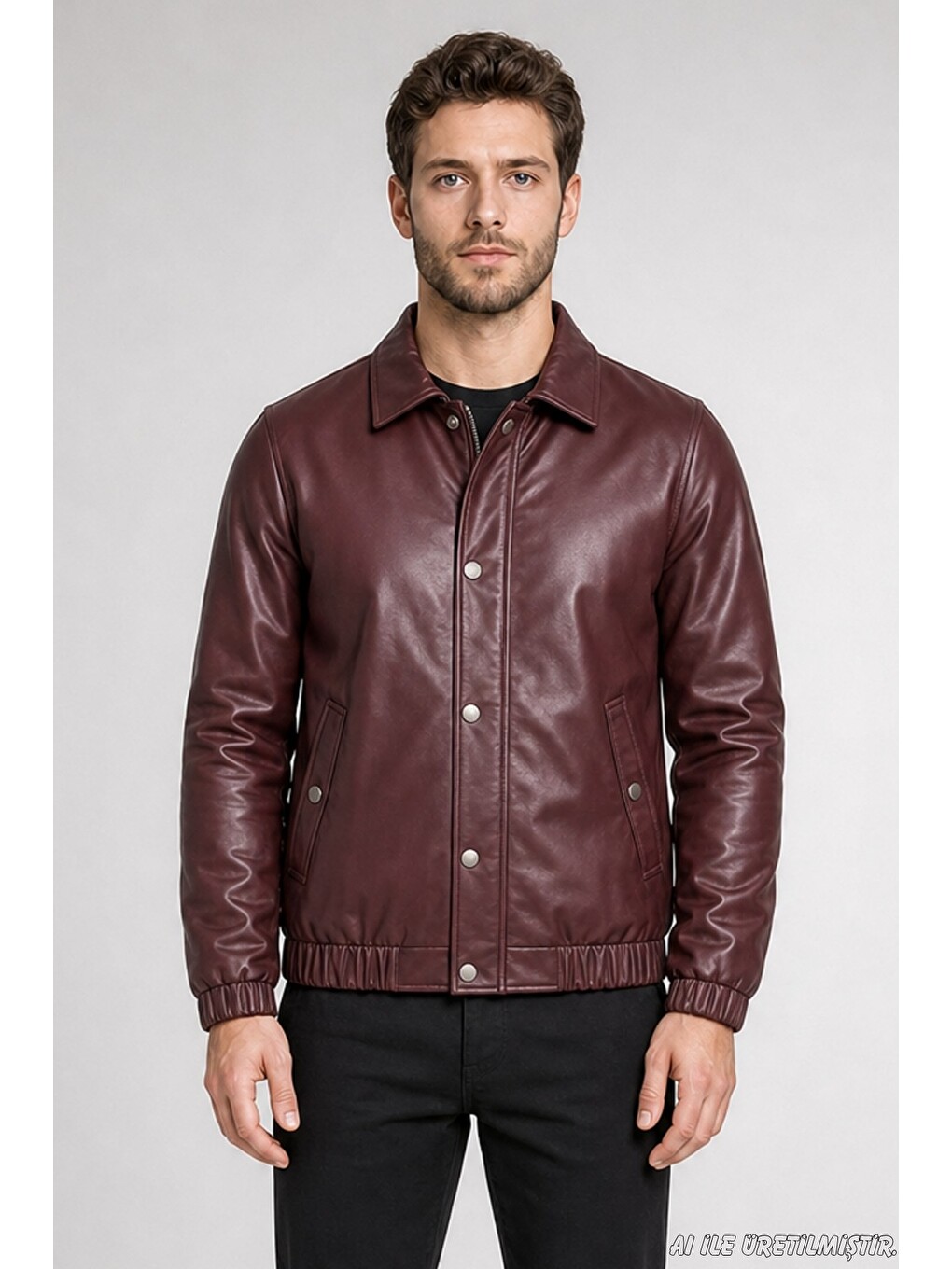 Bordo Erkek Fermuarlı Çıtçıtlı Beli Lastikli Suni Deri Ceket
