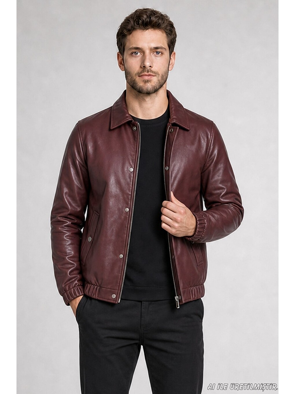 Bordo Erkek Fermuarlı Çıtçıtlı Beli Lastikli Suni Deri Ceket-1