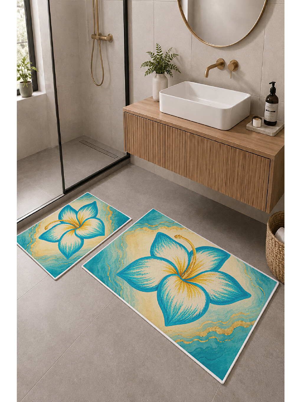 Sarı Turkuaz Tropikal Çiçek Desenli Banyo Paspası 2’li Set-1