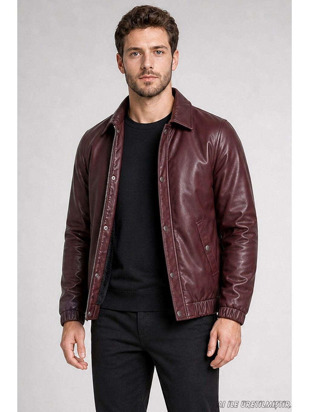 Bordo Erkek Fermuarlı Çıtçıtlı Beli Lastikli Suni Deri Ceket-2