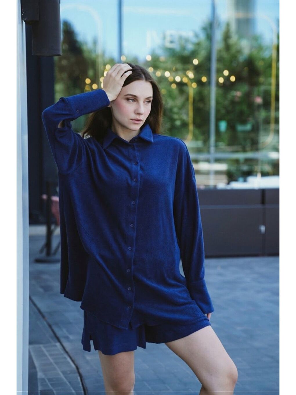 Lacivert Hawaii Kadın %100 Pamuk Havlu Kumaş Oversize Gömlek