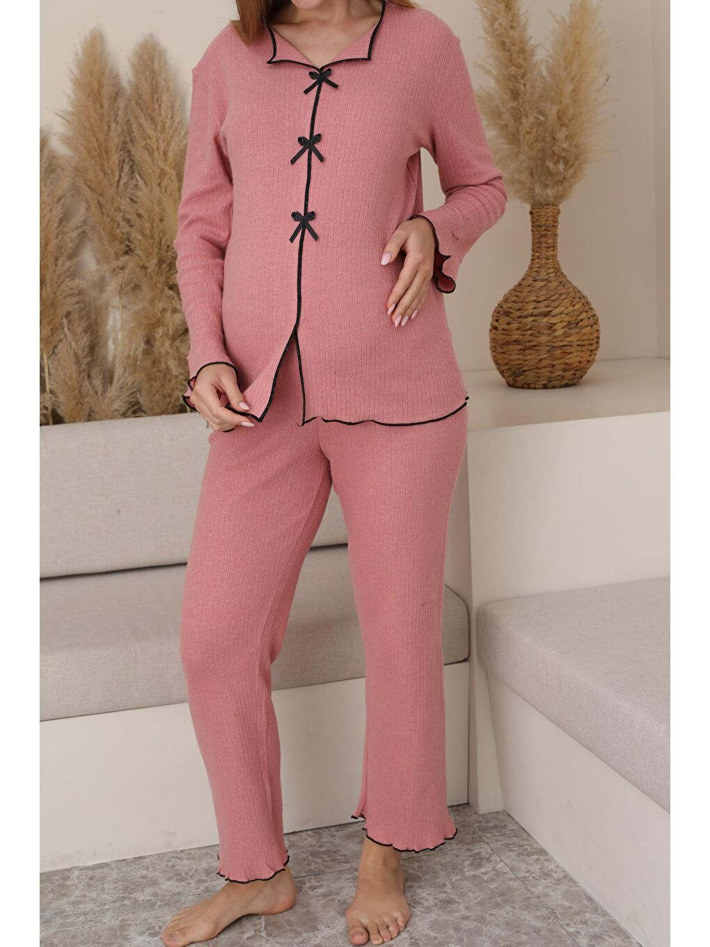 Pembe Gül Kurusu Hamile ve Lohusa Uzun Kollu Yumoş Kumaş Fiyonklu Bel Ayarlı Pijama Takımı-5