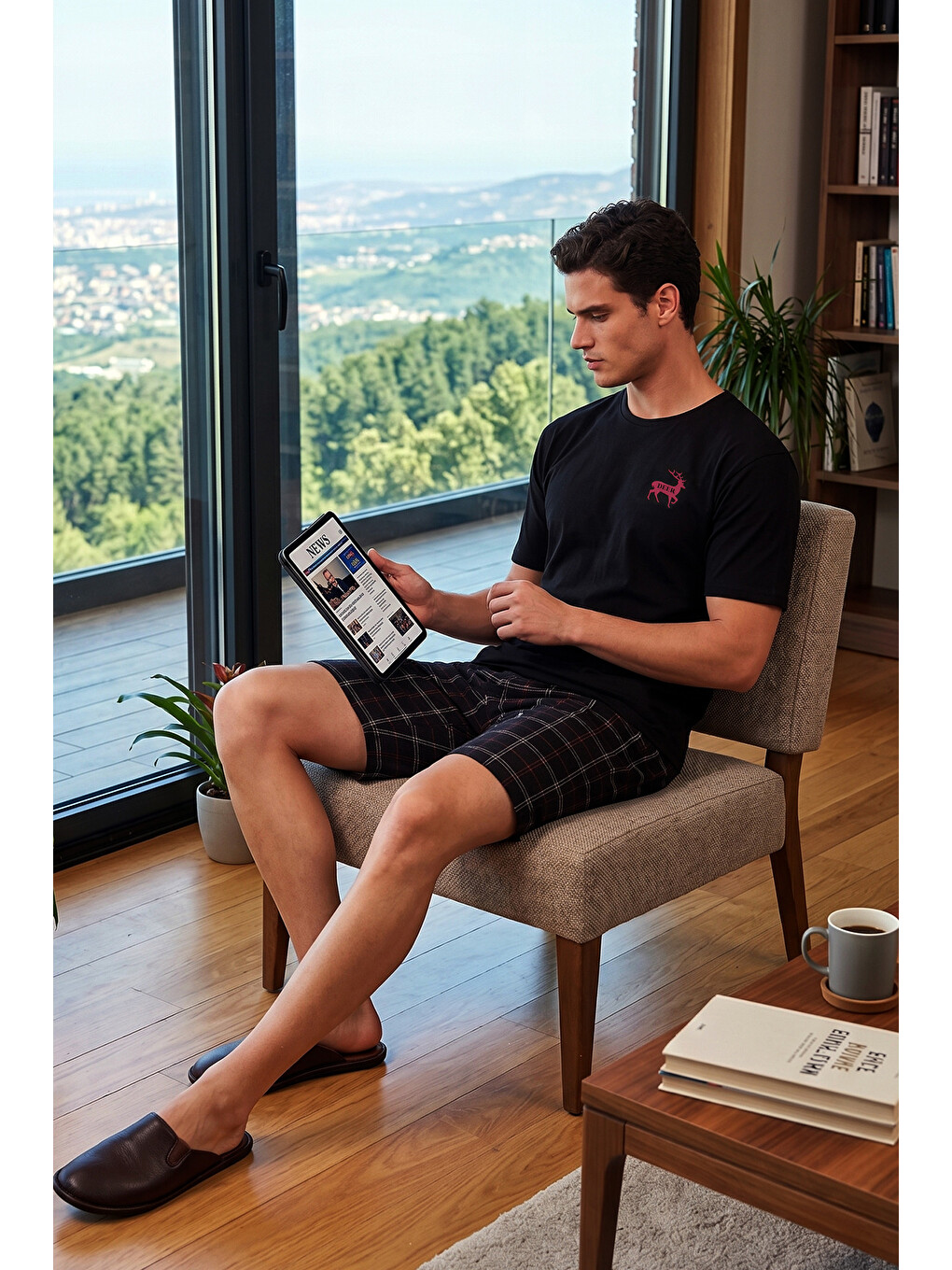 Siyah Kareli Pamuklu Regular Fit Şortlu Pijama Takımı 6572022
