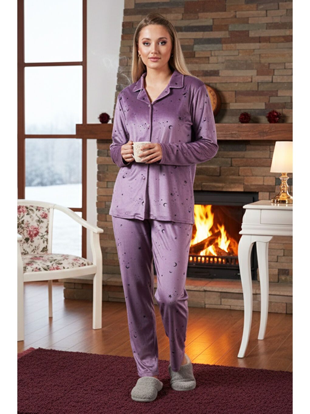 Kadın Önü Düğmeli Kadife Pijama Takımı 25362 Lila