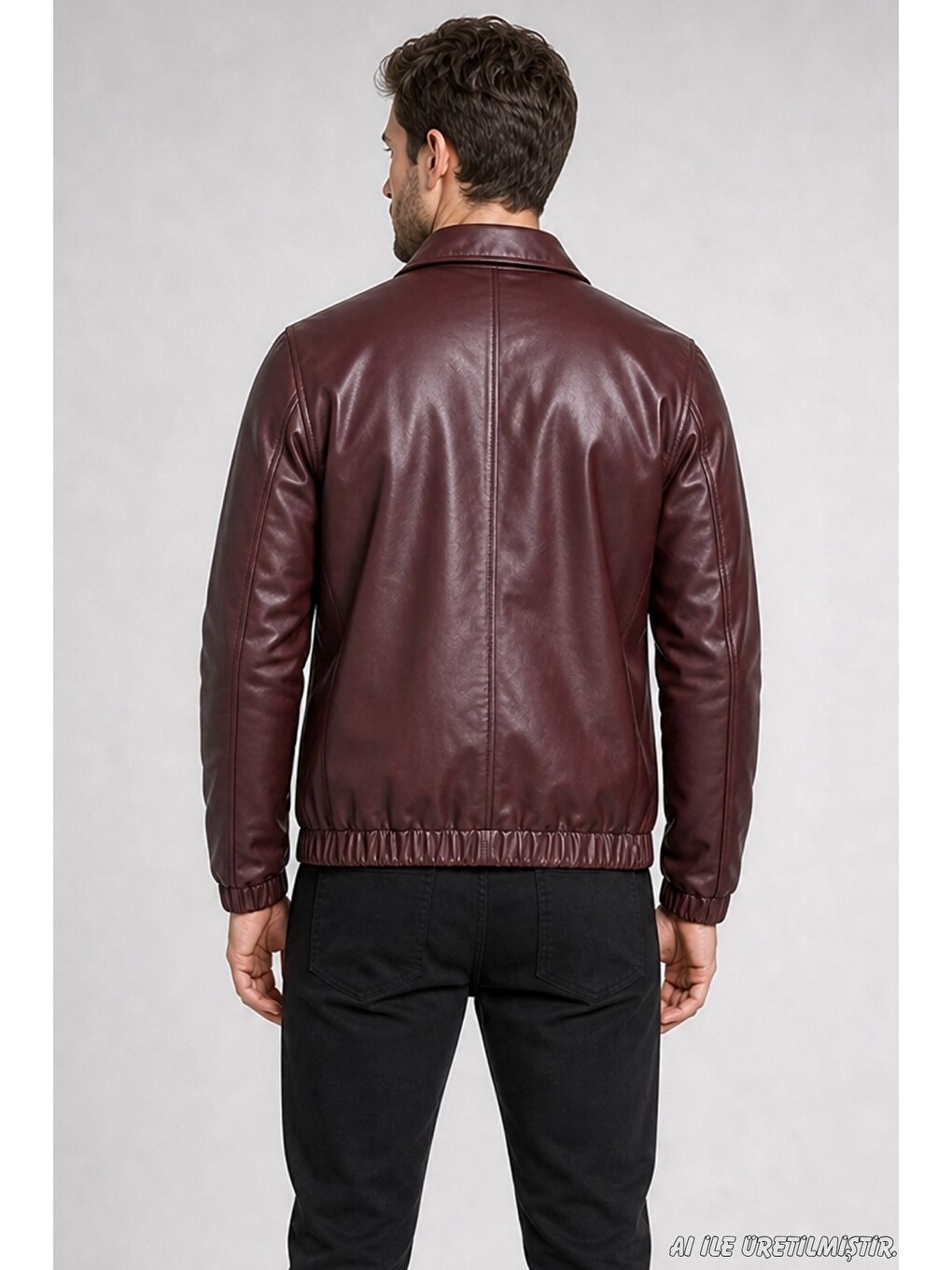 Bordo Erkek Fermuarlı Çıtçıtlı Beli Lastikli Suni Deri Ceket-4
