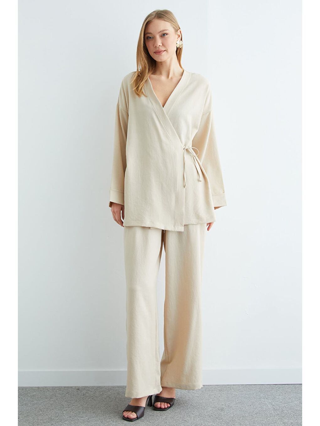 Bej Fullamodest Yandan Bağlamalı Kimono 2 Li Takım-3