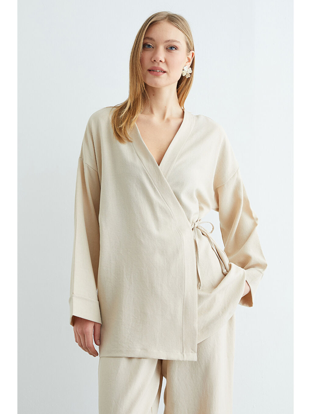 Bej Fullamodest Yandan Bağlamalı Kimono 2 Li Takım-4