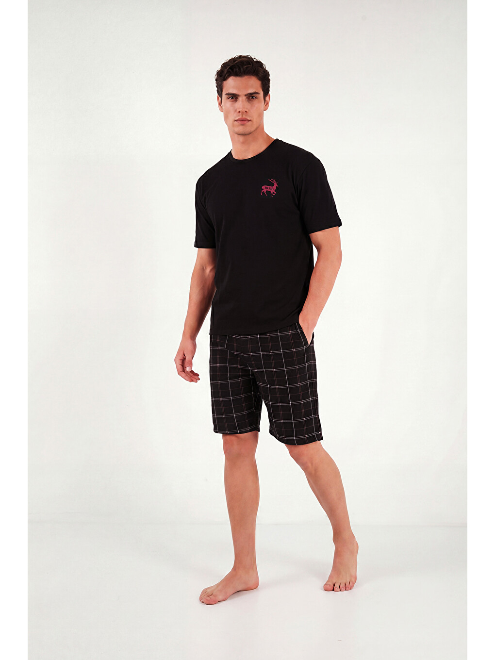Siyah Kareli Pamuklu Regular Fit Şortlu Pijama Takımı 6572022-2