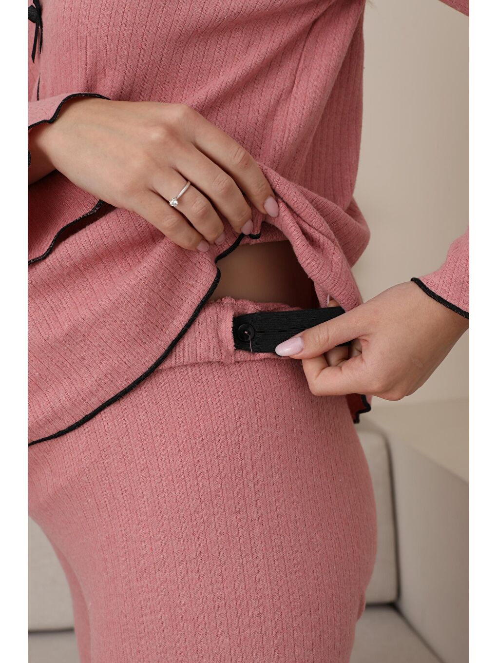 Pembe Gül Kurusu Hamile ve Lohusa Uzun Kollu Yumoş Kumaş Fiyonklu Bel Ayarlı Pijama Takımı-6