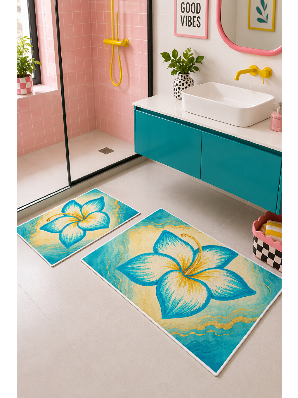 Sarı Turkuaz Tropikal Çiçek Desenli Banyo Paspası 2’li Set-2