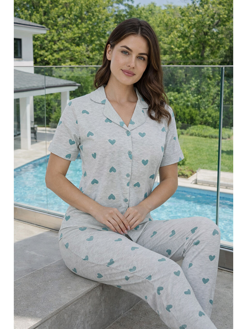 Yeşil Kadın Desenli Kısa Kol Suprem Pijama Takımı 0253 Mint01-1