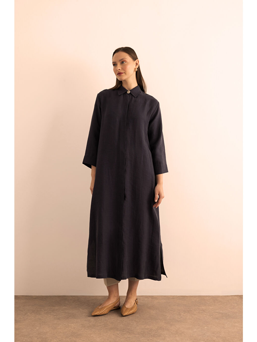 Lacivert Önden Düğmeli Lyocell Ferace