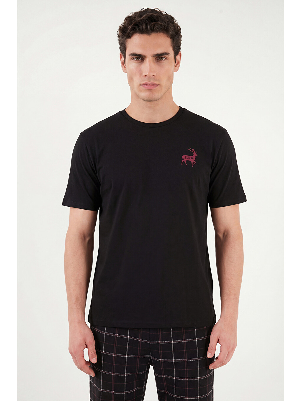 Siyah Kareli Pamuklu Regular Fit Şortlu Pijama Takımı 6572022-3