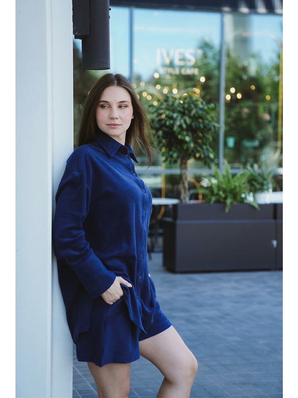 Lacivert Hawaii Kadın %100 Pamuk Havlu Kumaş Oversize Gömlek-2