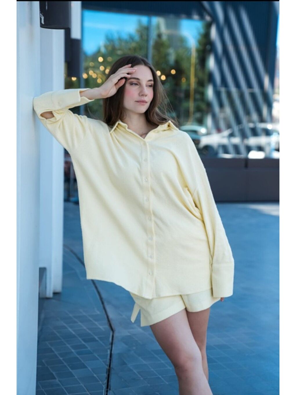 Sarı Hawaii Kadın %100 Pamuk Havlu Kumaş Oversize Gömlek