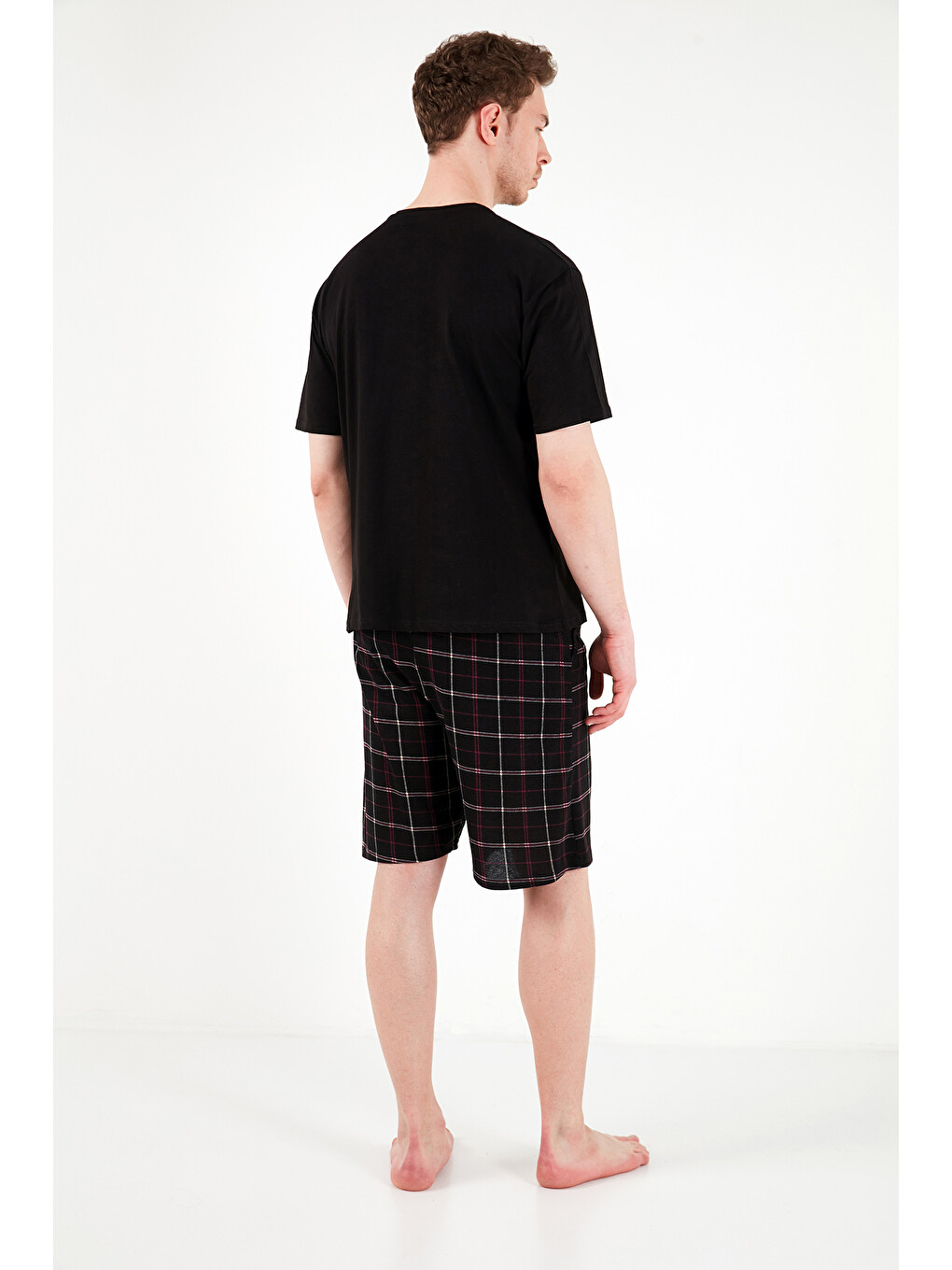 Siyah Kareli Pamuklu Regular Fit Şortlu Pijama Takımı 6572022-6