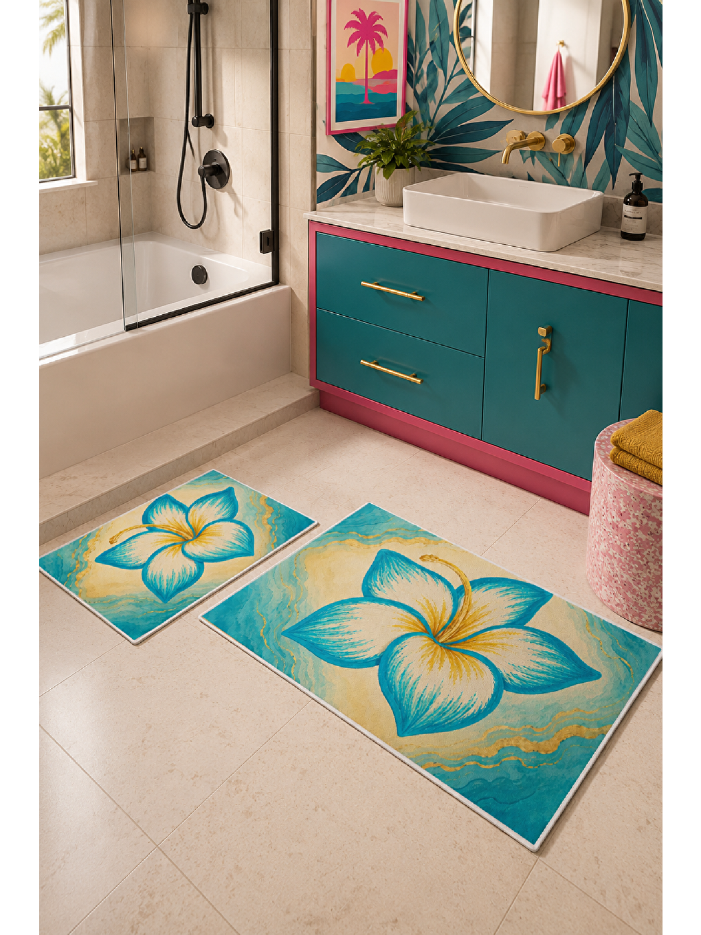 Sarı Turkuaz Tropikal Çiçek Desenli Banyo Paspası 2’li Set-3