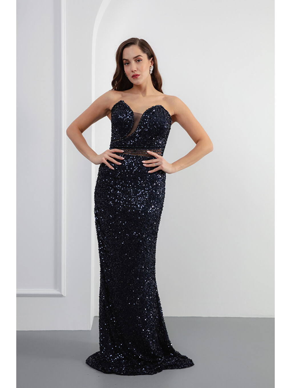 Kadın Lacivert Straplez Pul Payet Uzun Abiye Elbise