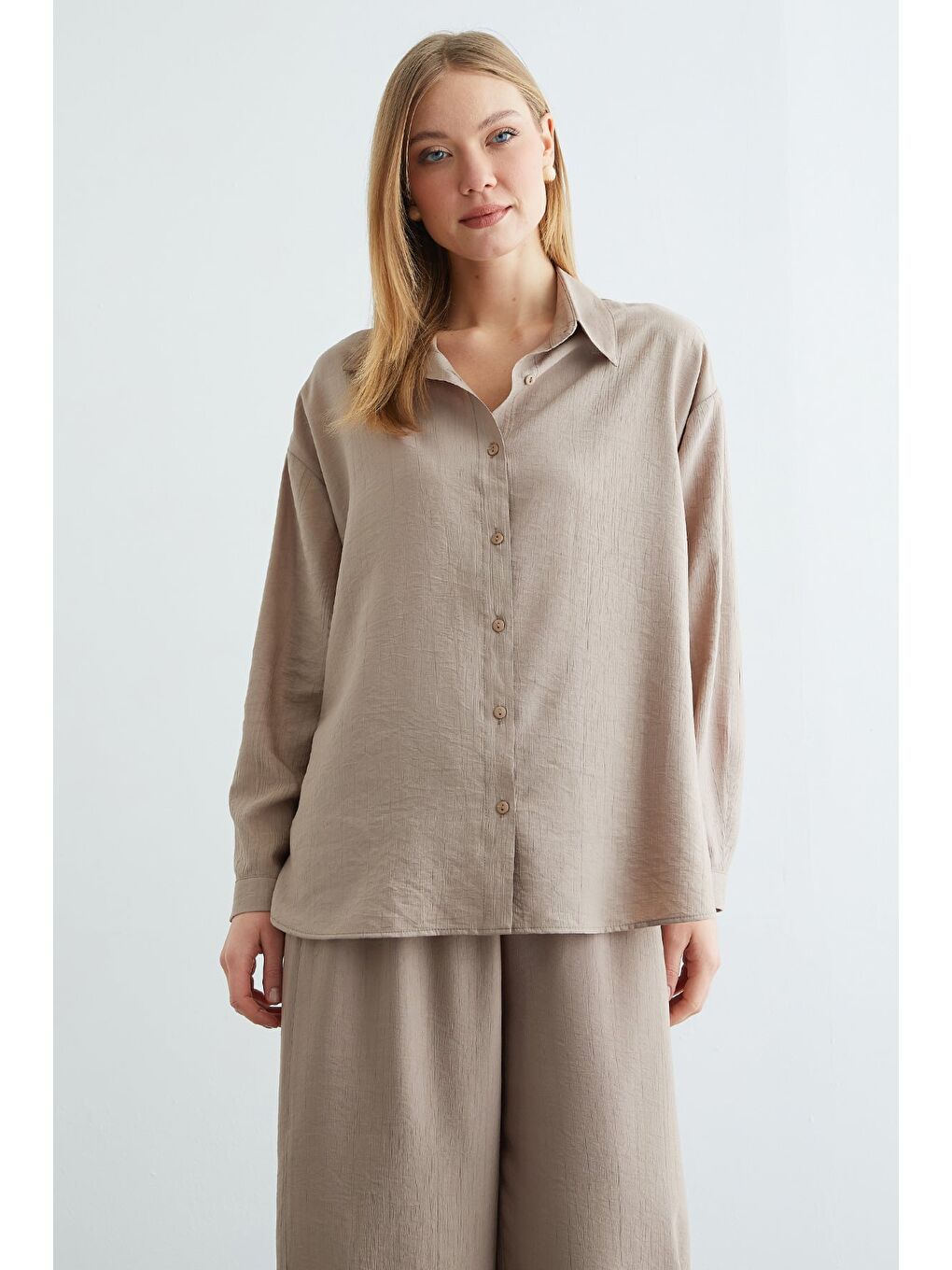 Bej Basic Düğmeli Salaş Krinkıl 2 Li Takım-1