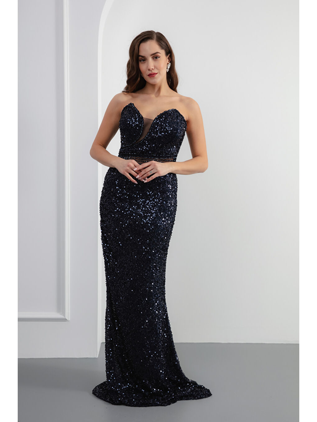 Kadın Lacivert Straplez Pul Payet Uzun Abiye Elbise-1