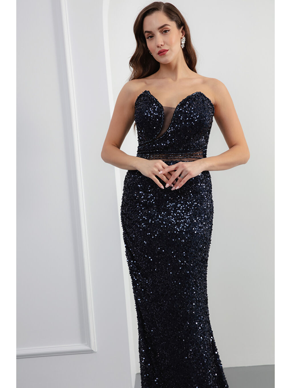 Kadın Lacivert Straplez Pul Payet Uzun Abiye Elbise-2