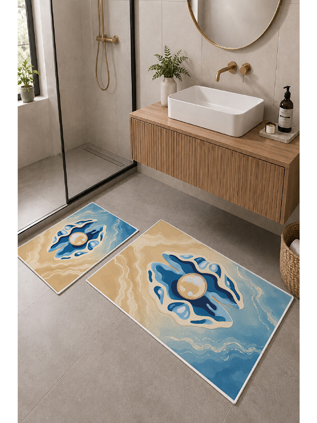 Bej Mavi Nazar Desenli Kaymaz Taban Banyo Paspası 2’li Set
