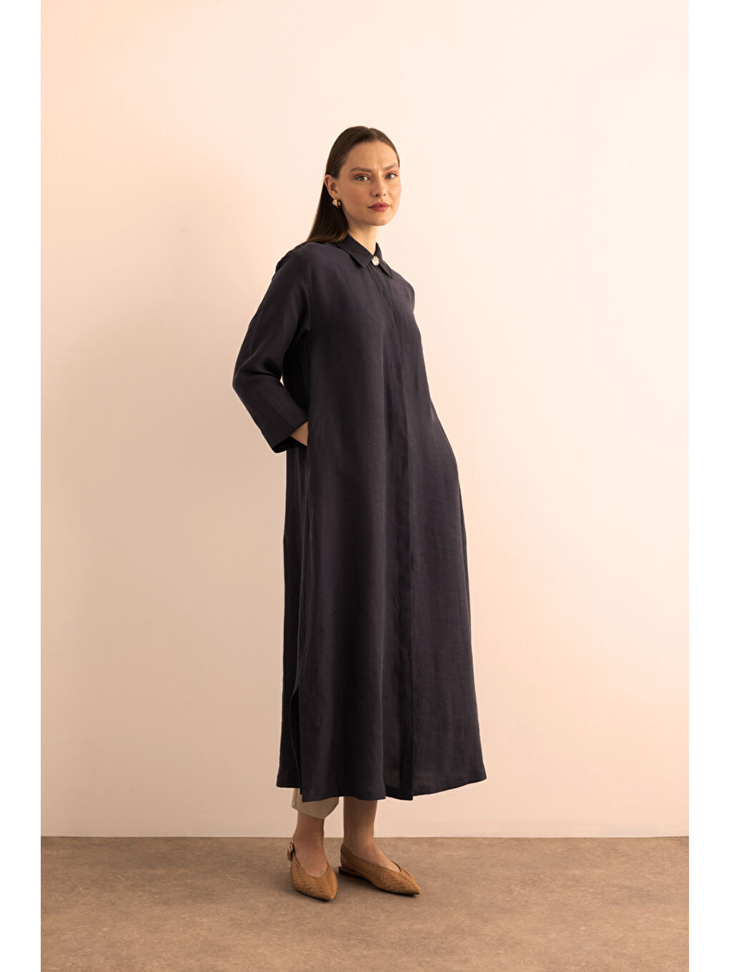 Lacivert Önden Düğmeli Lyocell Ferace-1