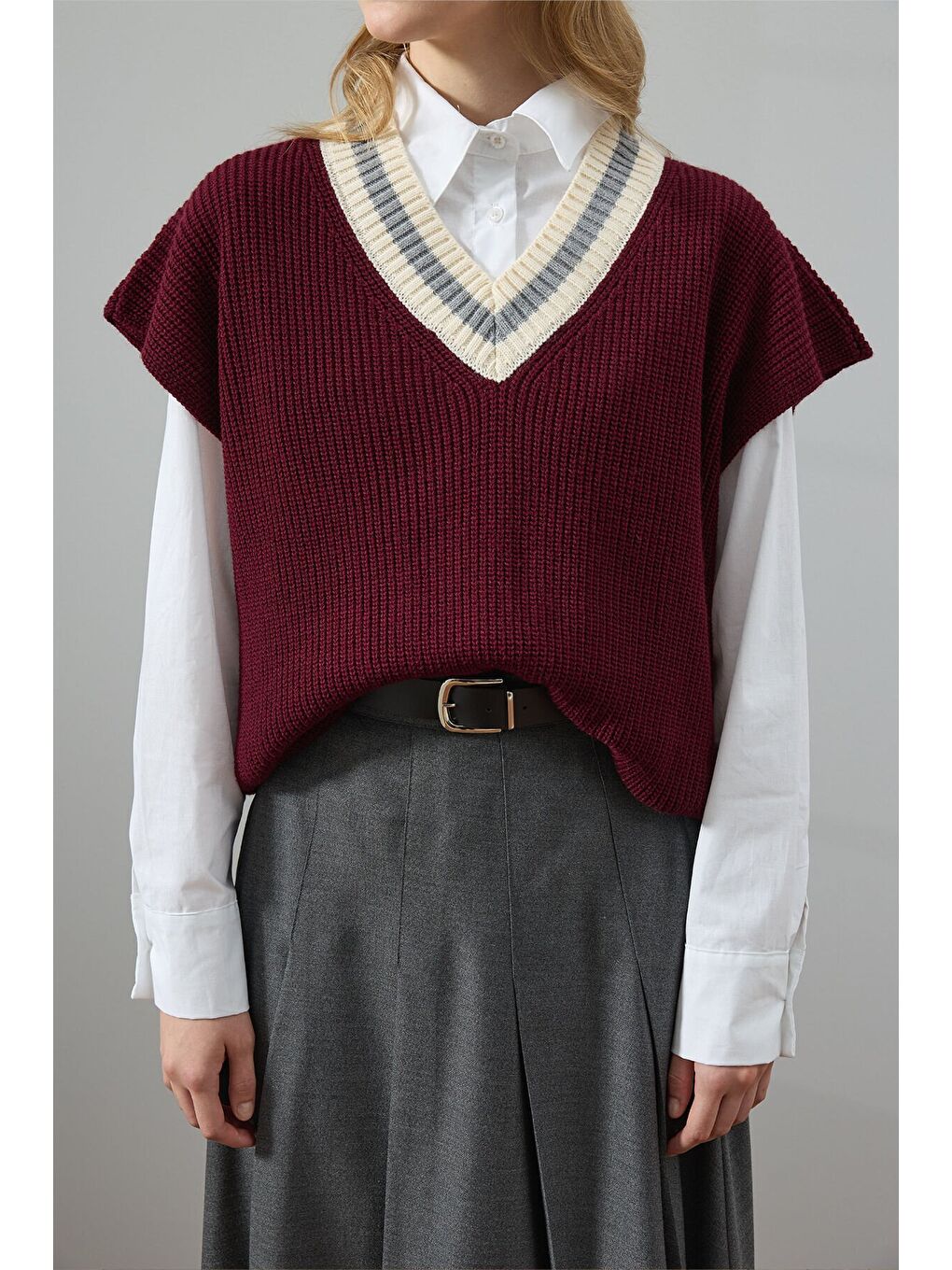 Bordo V Yaka Süveter-2