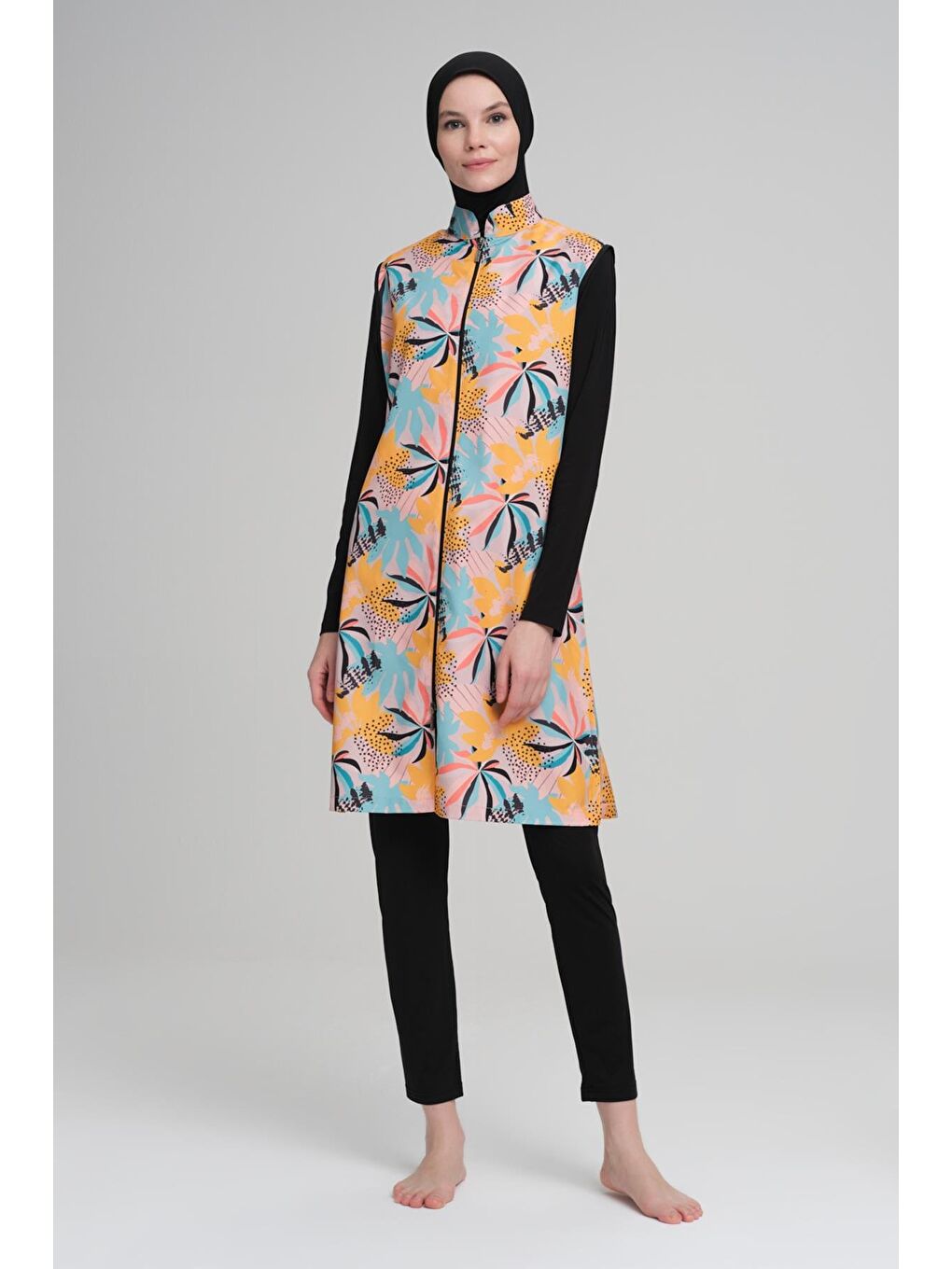 Pastel Palmiye Desenli Siyah Jileli 3 Parça Tam Tesettür Mayo Takımı 2207