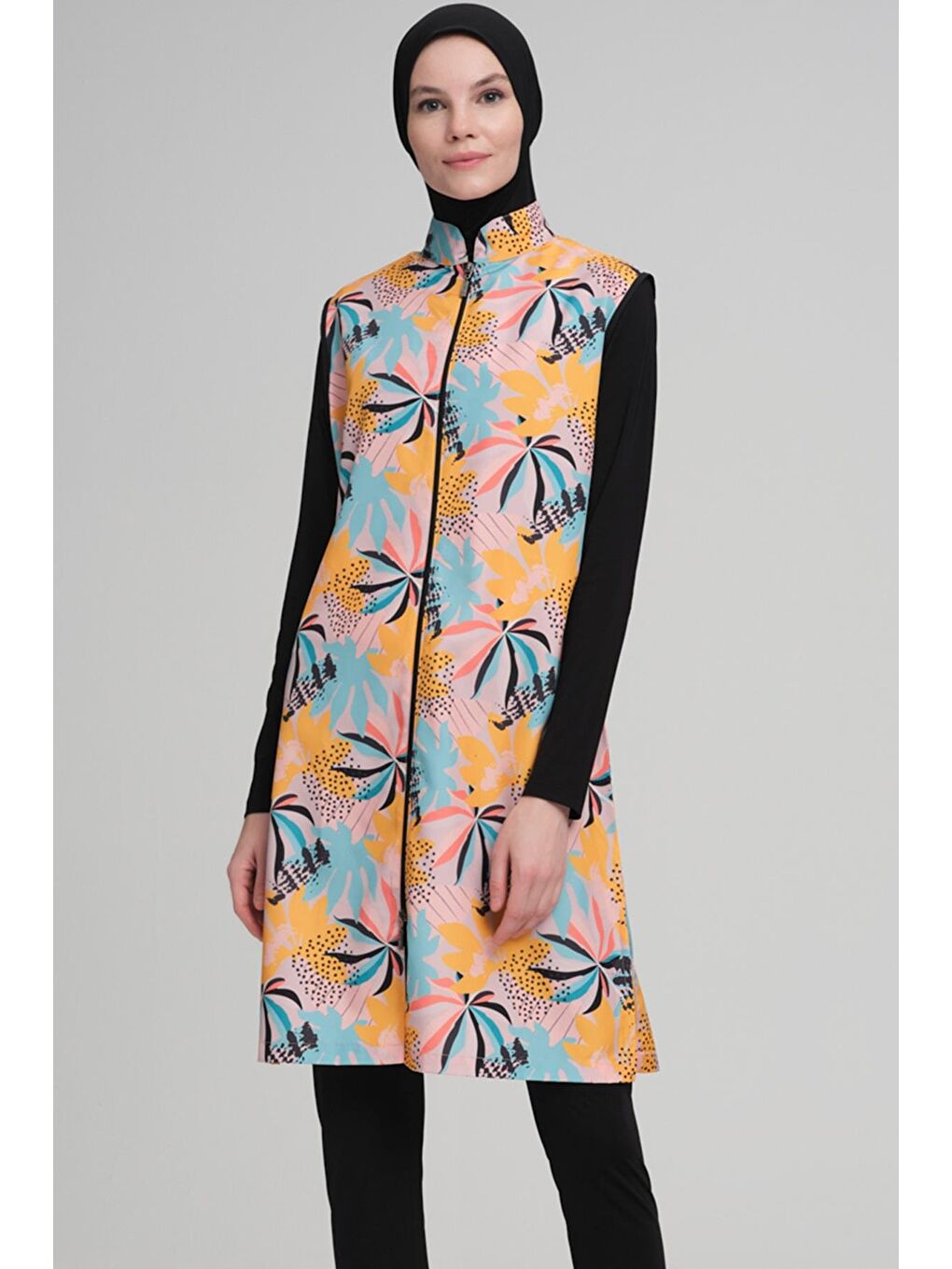 Pastel Palmiye Desenli Siyah Jileli 3 Parça Tam Tesettür Mayo Takımı 2207-1