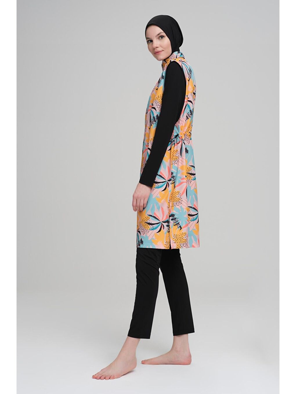 Pastel Palmiye Desenli Siyah Jileli 3 Parça Tam Tesettür Mayo Takımı 2207-2