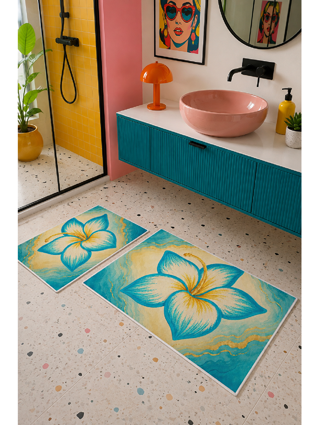 Sarı Turkuaz Tropikal Çiçek Desenli Banyo Paspası 2’li Set-4