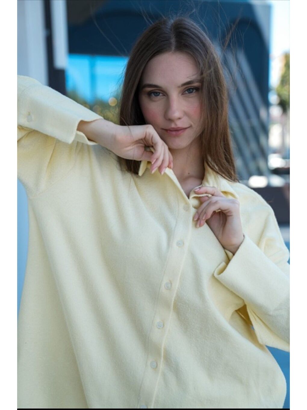 Sarı Hawaii Kadın %100 Pamuk Havlu Kumaş Oversize Gömlek-1