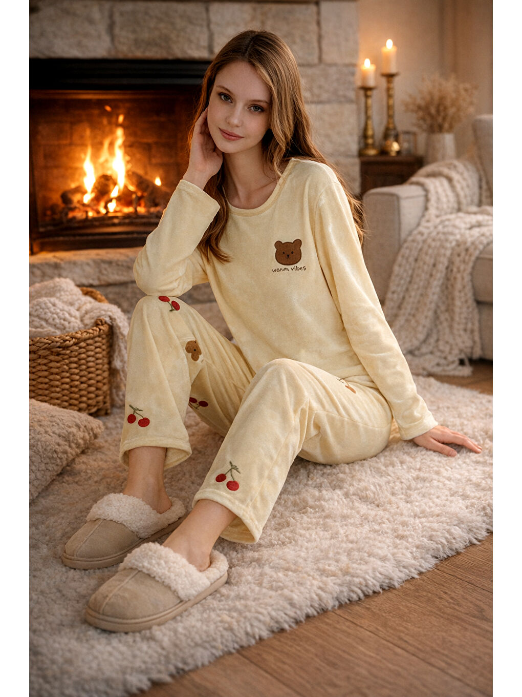 Kadın Desenli Kadife Kumaş Pijama Takımı 13313-2261 Sarı-3