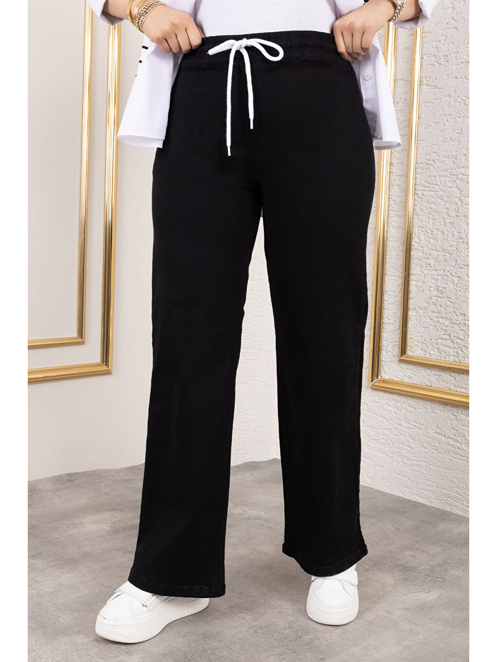 Bol Paça Beli Lastikli Jean Pantolon TSD250106 Siyah-3