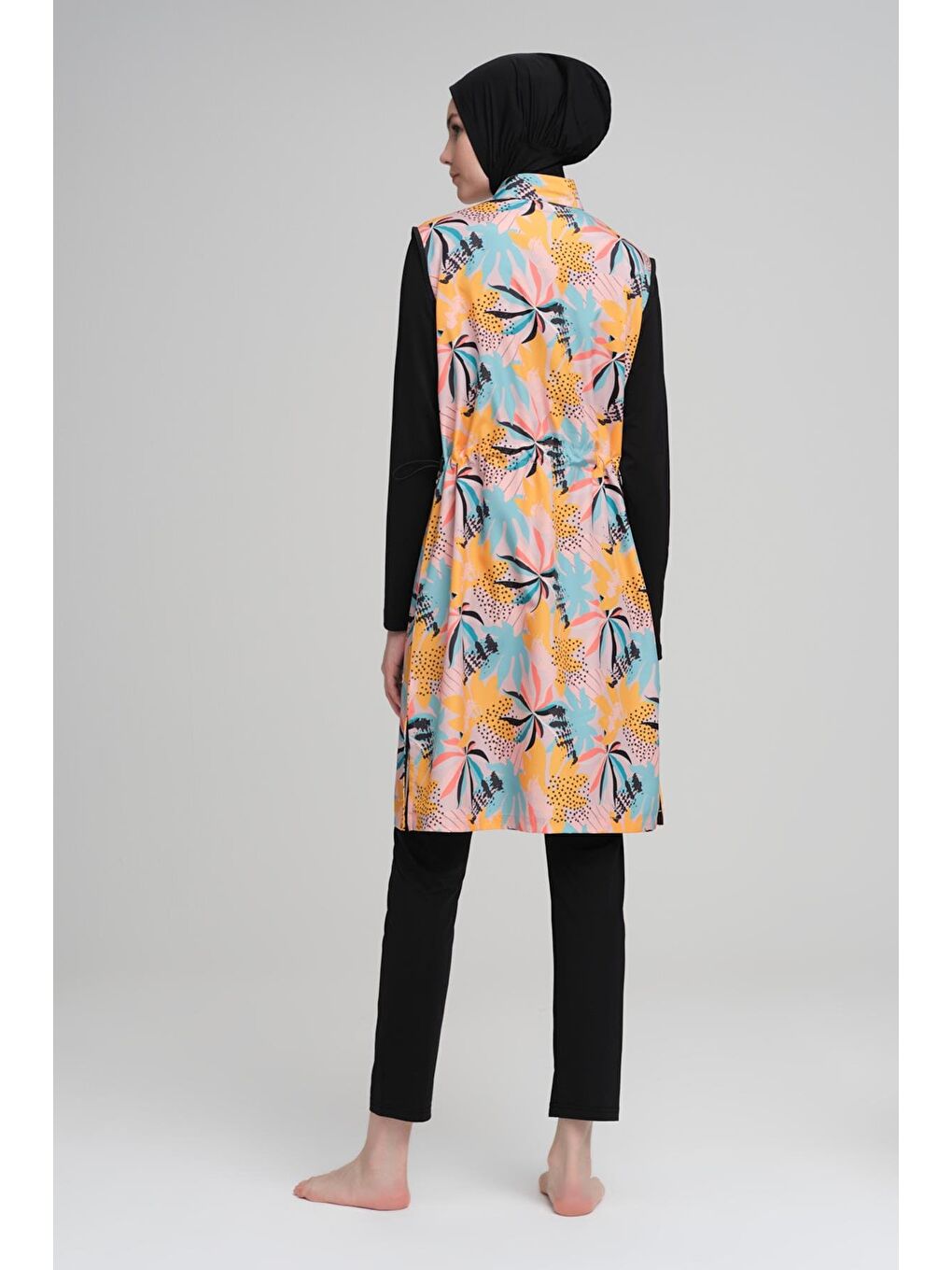 Pastel Palmiye Desenli Siyah Jileli 3 Parça Tam Tesettür Mayo Takımı 2207-3