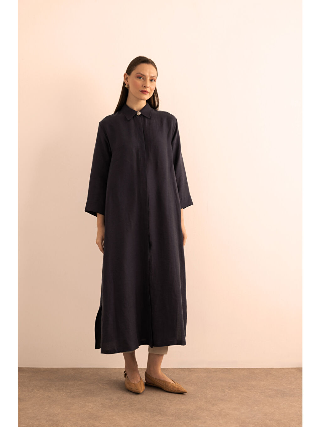 Lacivert Önden Düğmeli Lyocell Ferace-2