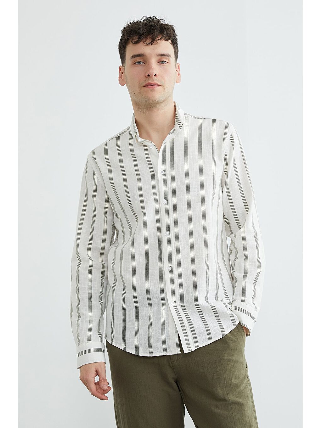 Haki Çizgili Keten Görünümlü Gömlek-3