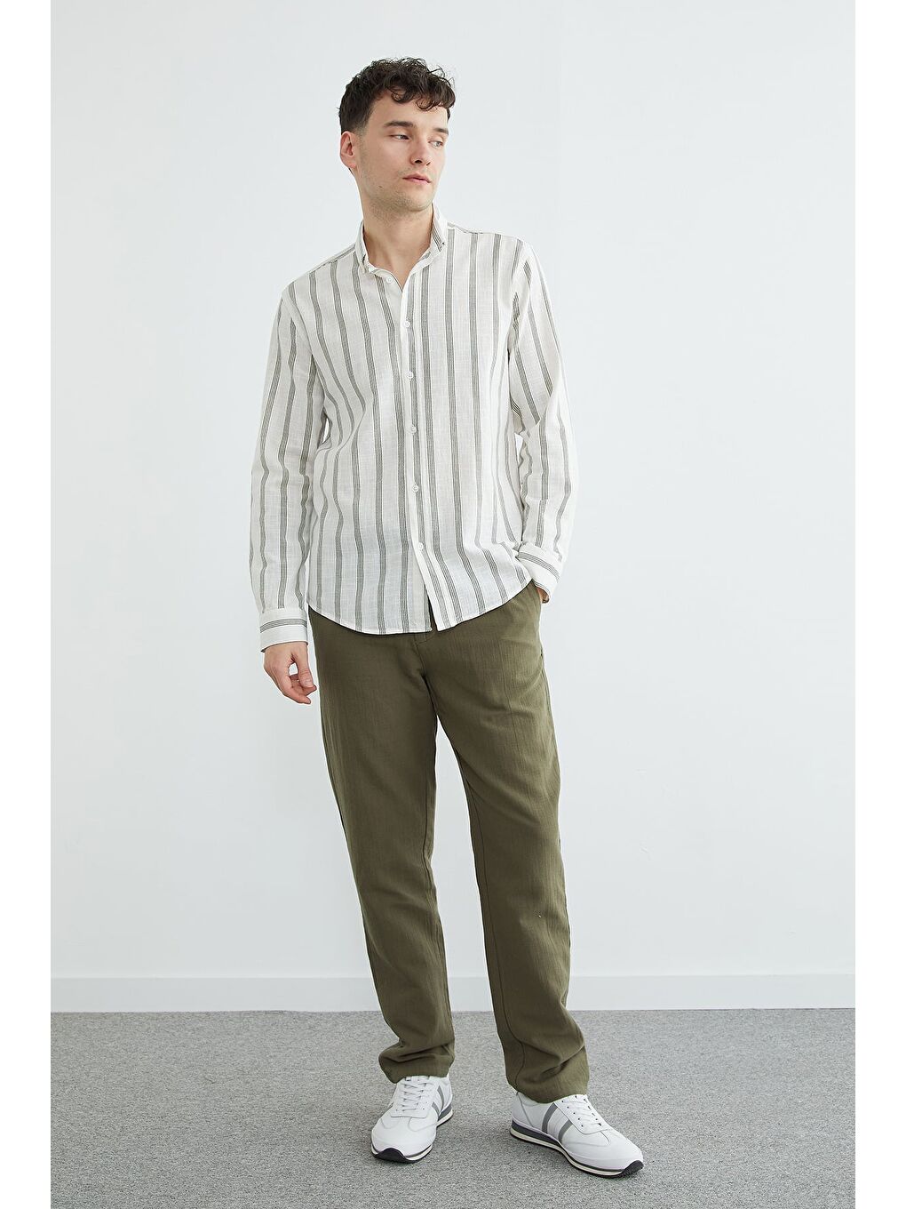 Haki Çizgili Keten Görünümlü Gömlek-4