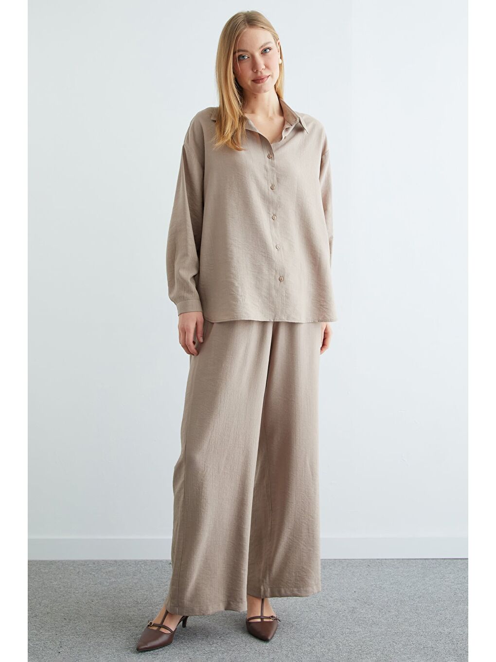 Bej Basic Düğmeli Salaş Krinkıl 2 Li Takım-4