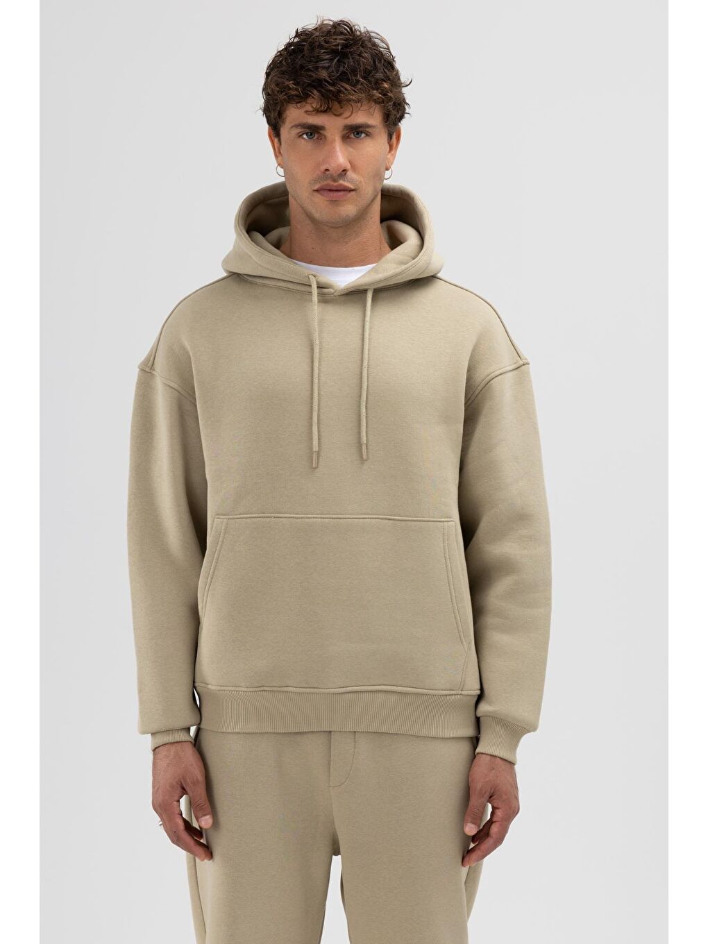 Basic Oversize Kapüşonlu Sweatshirt Haki-1