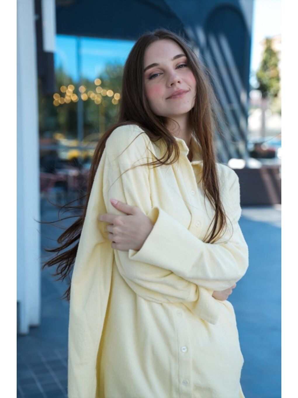 Sarı Hawaii Kadın %100 Pamuk Havlu Kumaş Oversize Gömlek-2